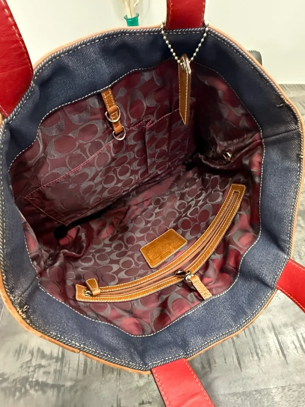 VINTAGE/Coach Navy Canvas Tote with Red and Blue Stripe and Brown Leather Trim